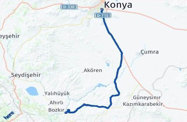 siristat konya bozkır arası kaç kilometre